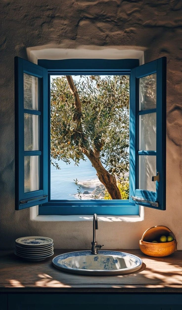 Olive Tree Window Print featuring blue shutters opening to coastal scenery with olive branches and natural daylight.