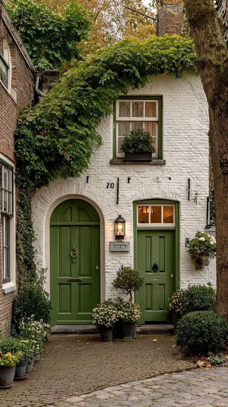 Cottage wall print featuring ivy-covered facade, green doors, and arched entry
