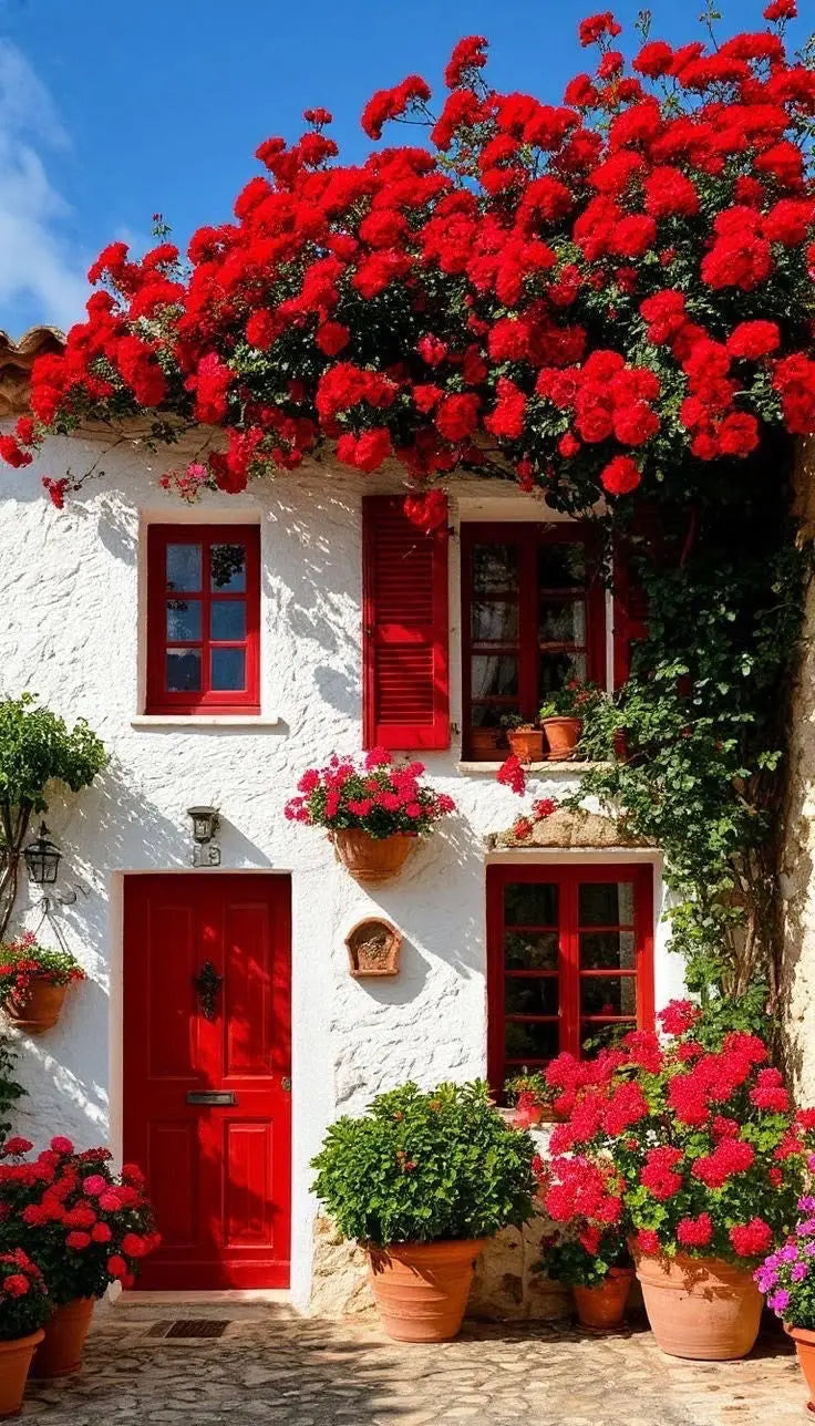 Wall art print close-up of red blossoms over white house with blue windows