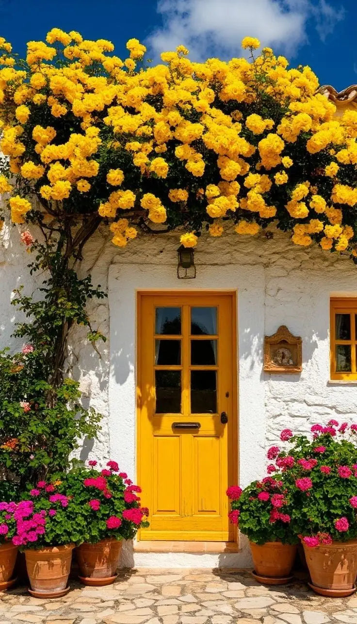 Close-up house print with dense yellow blossoms and a yellow front door