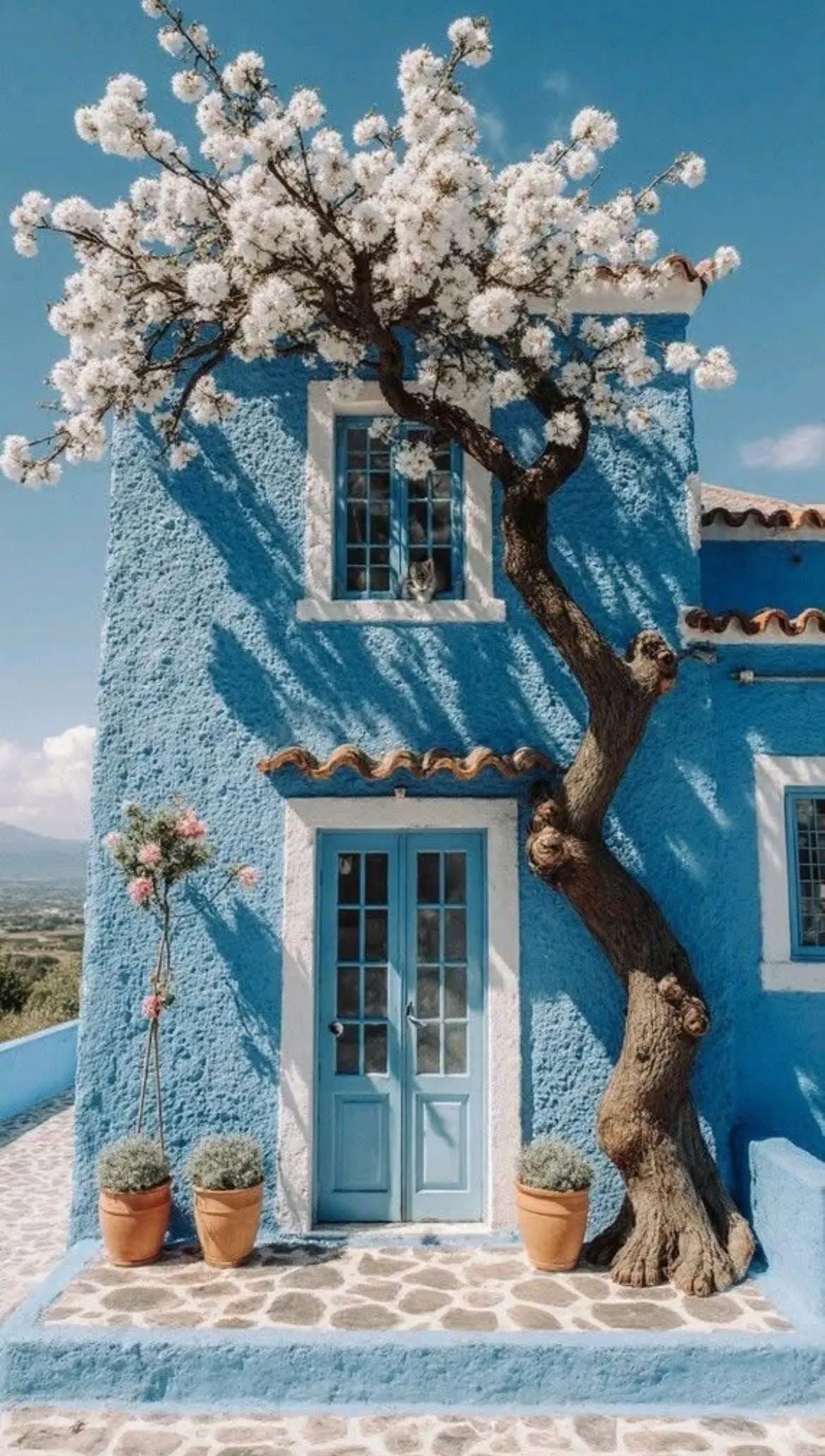 Cottage print close-up: blooming tree over blue building facade, window and door