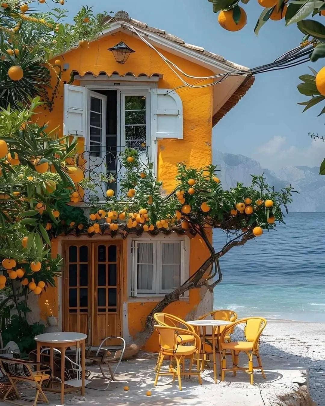 House print wall art featuring an orange building with windows, balcony, and outdoor seating near water.