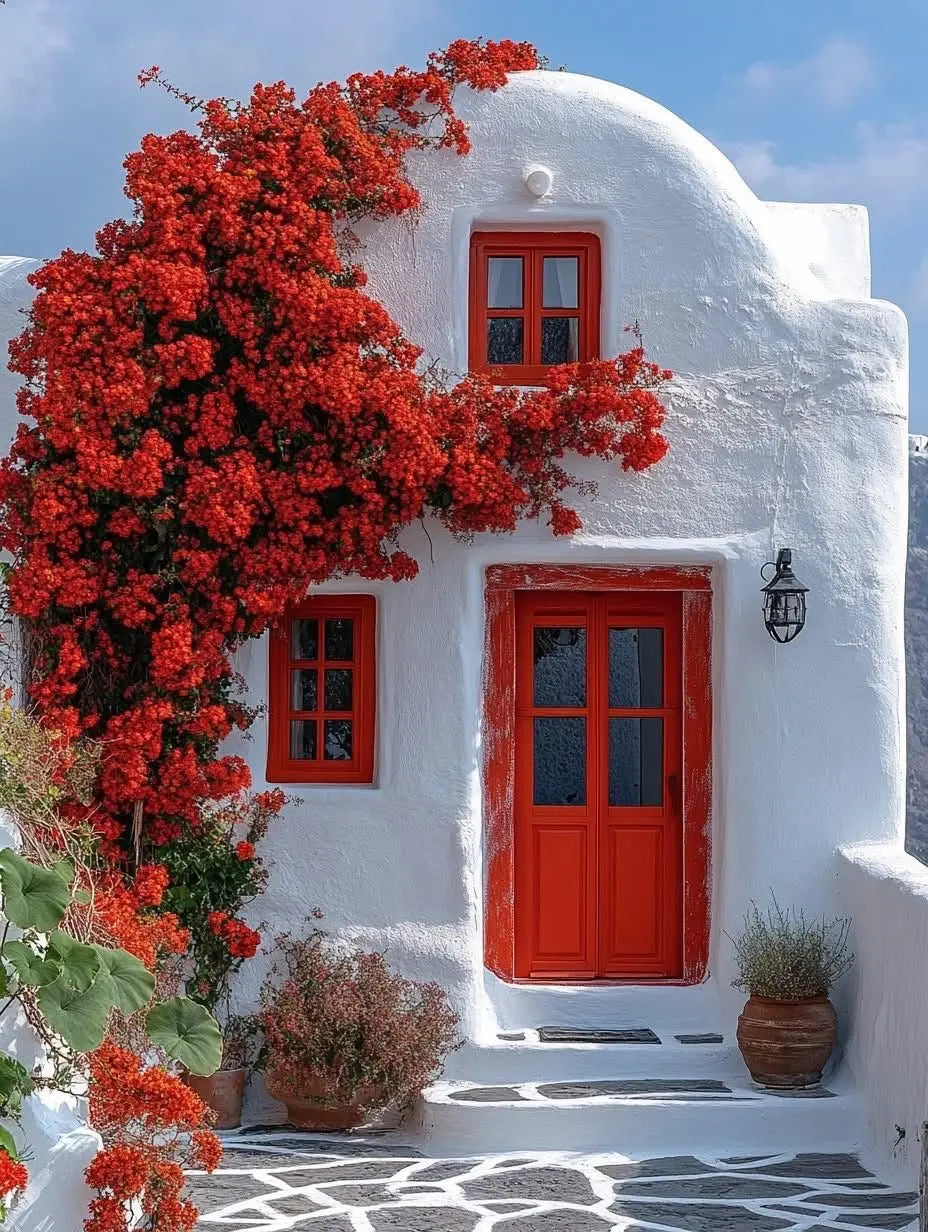 Santorini doorway print close-up of red door and windows with red flowering tree