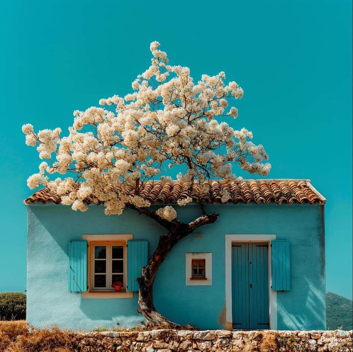 Blue house wall print featuring a flowering tree, terracotta roof, and blue doors