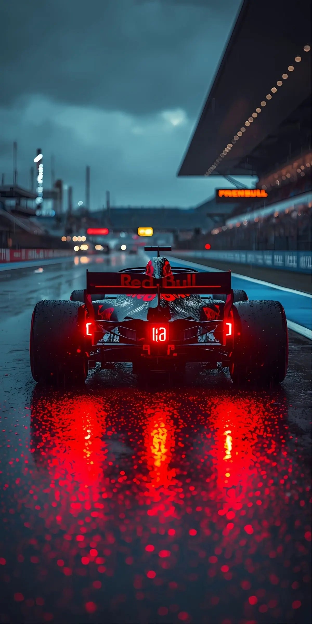 Night Formula car art print close-up of rear red race car on wet track