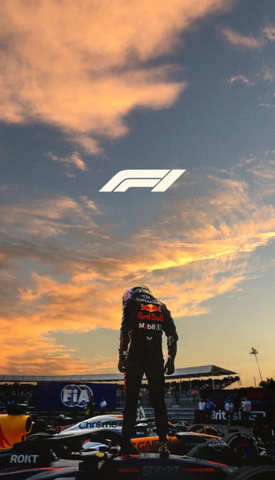 Grand Prix art print close-up with F1 logo and driver standing by race car at sunset