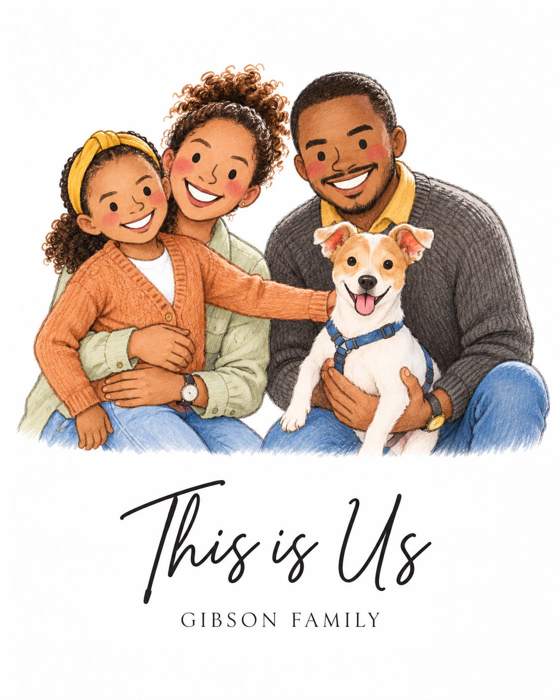 Family portrait wall art with dog; 'This is Us' and 'Gibson Family' text