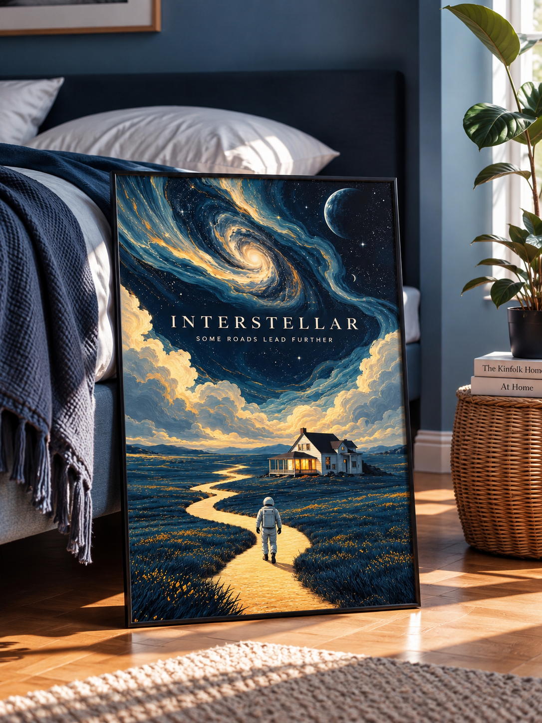Interstellar wall art poster with blue galaxy swirl, title text, and road house