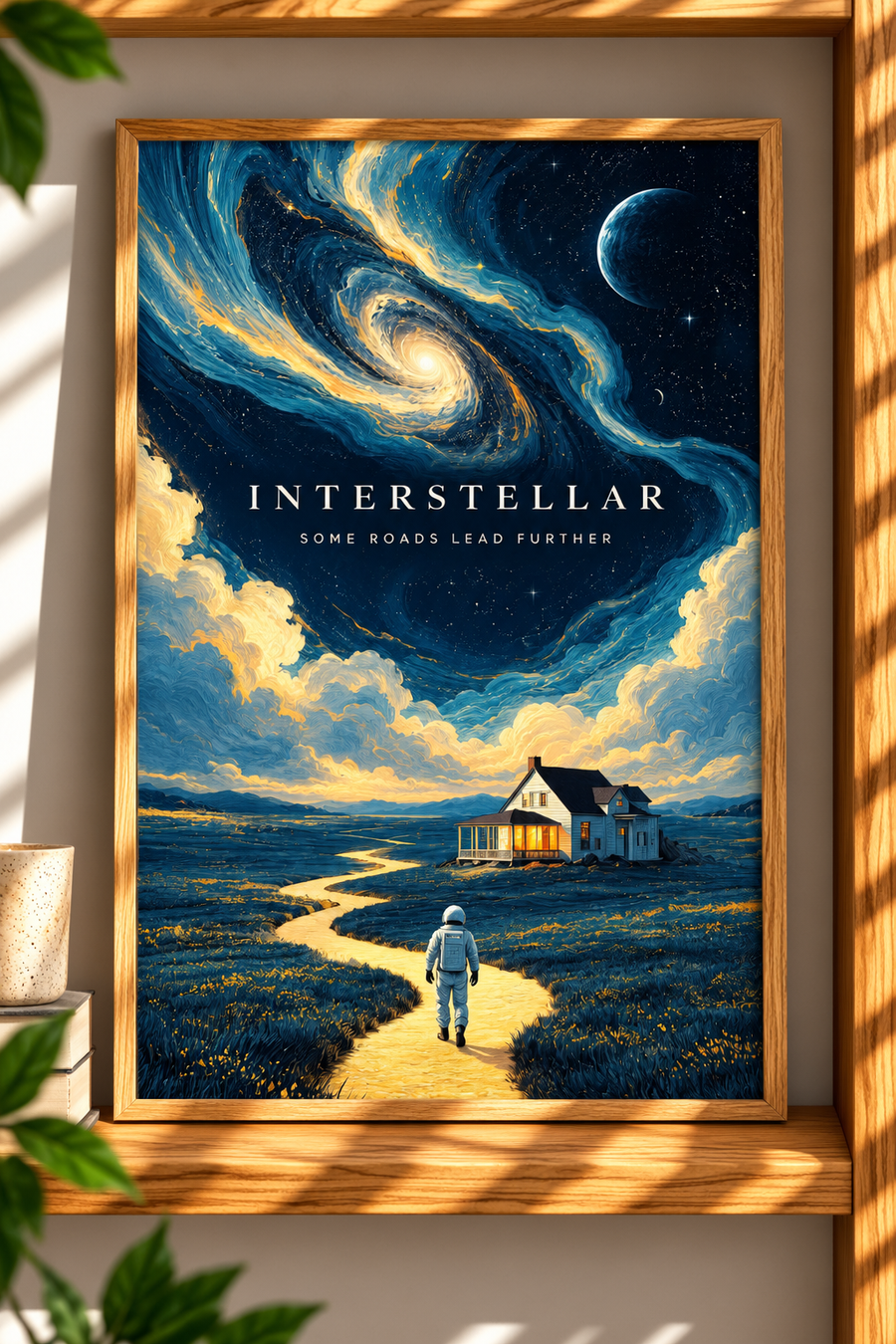 Interstellar Wall Art shown in a warm interior featuring distant mountains, golden clouds and a surreal celestial landscape