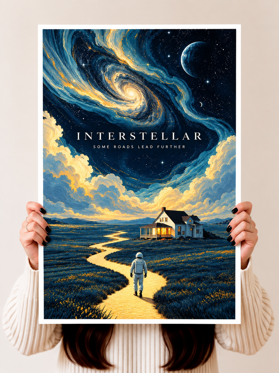 Interstellar Wall Art held upright showcasing a ringed planet above an otherworldly valley with a winding path toward the horizon