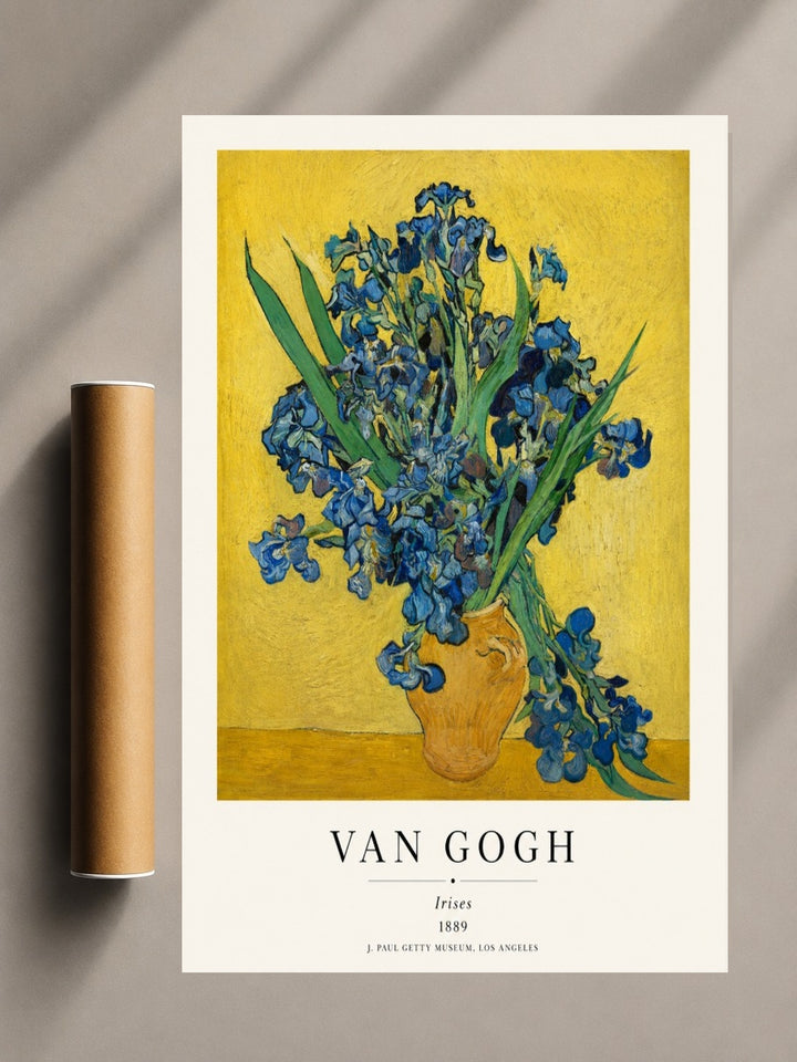 Van Gogh irises art print with blue flowers in a vase on yellow background