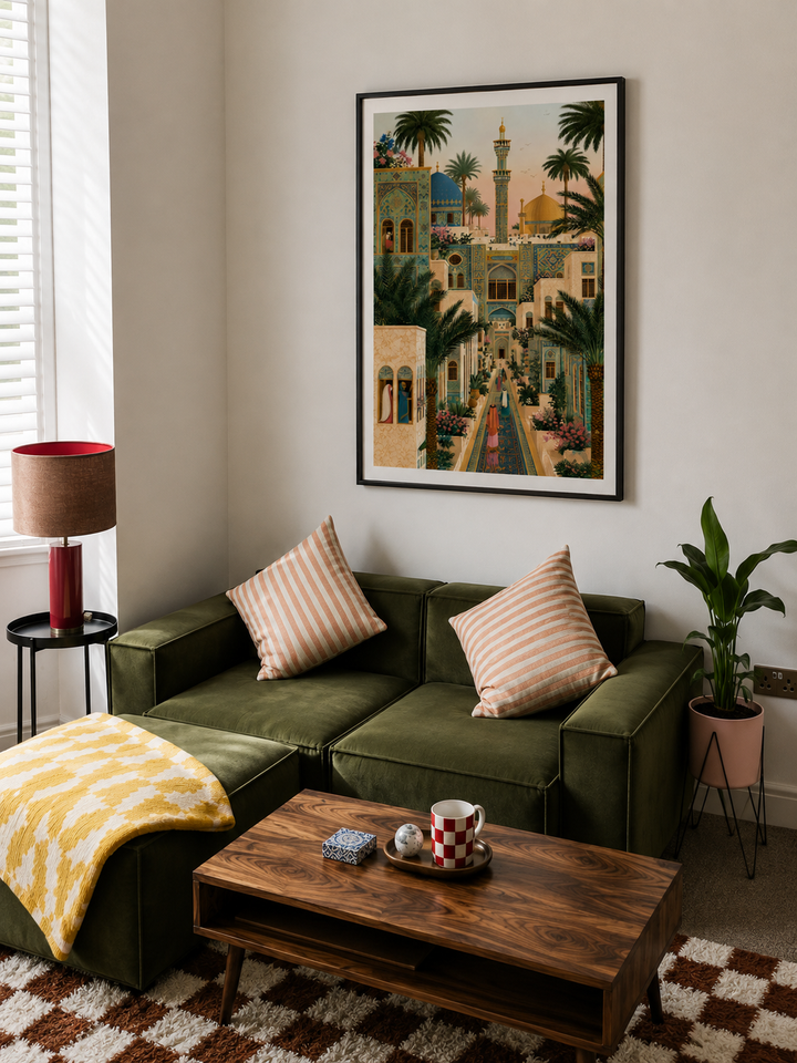 Framed Islamic architecture print with mosque towers, arches, domes and palm-lined path