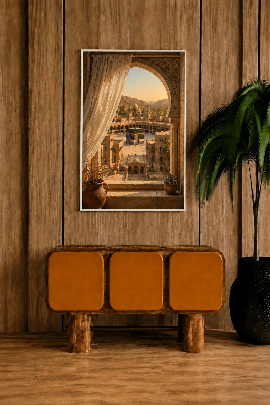 alt
Pequeña lámina enmarcada para pared con escena de arquitectura arqueada y tonos cálidos y terrosos