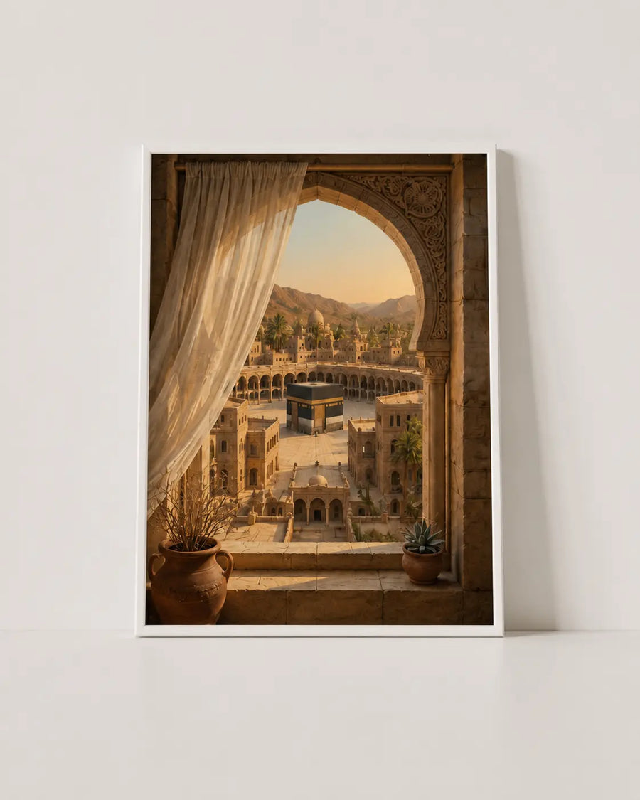 Póster de arte mural enmarcado con escena de arquitectura arqueada y tonos dorado desierto