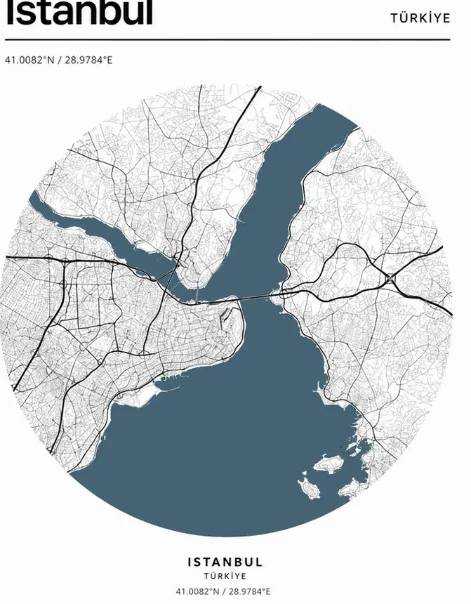 Istanbul city map print with blue water, white streets, and latitude coordinates
