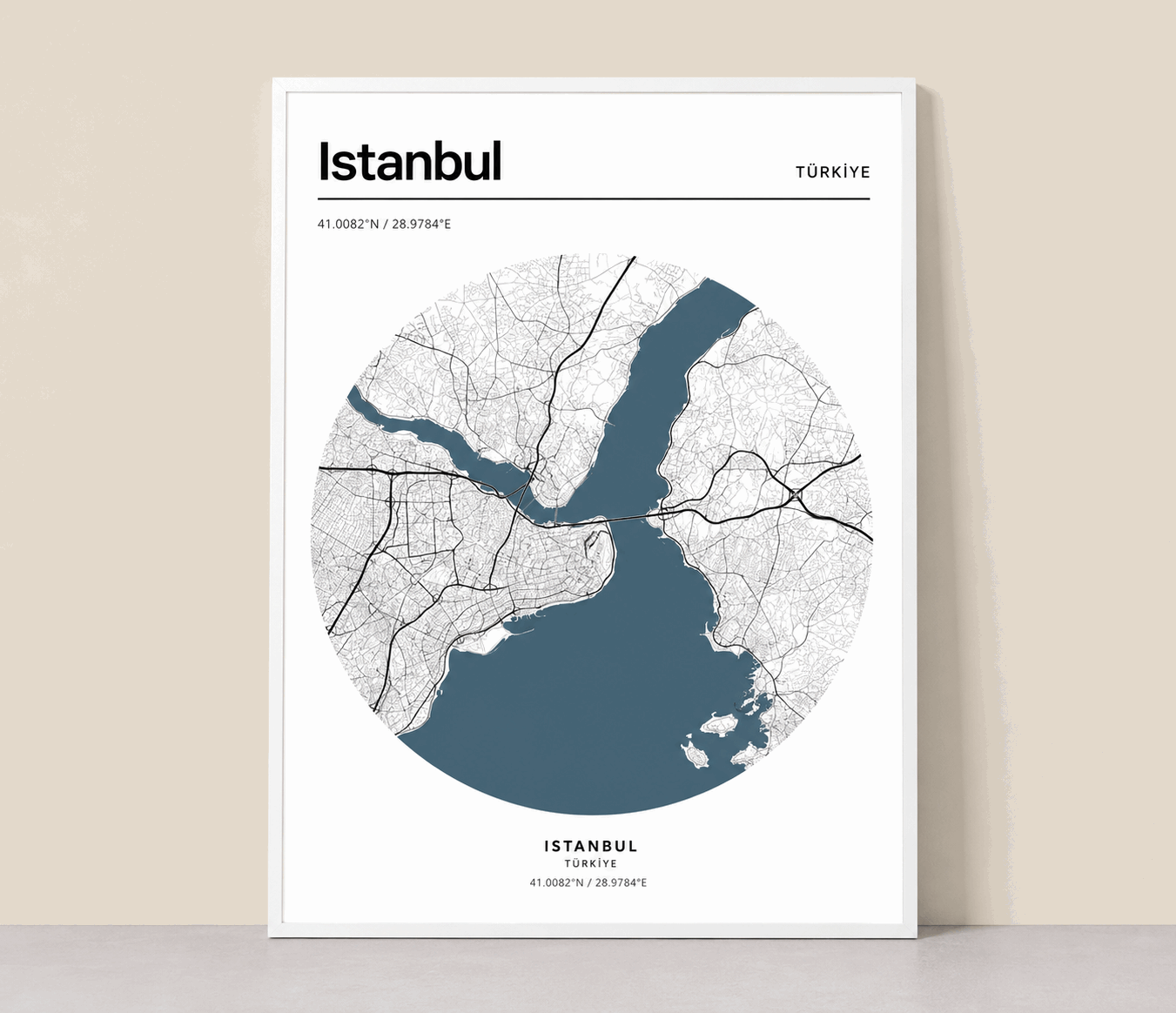 Framed Istanbul city map print with blue water and white street lines