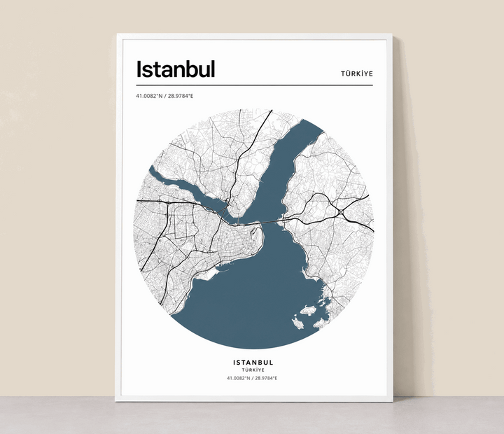 Framed Istanbul city map print with blue water and white street lines