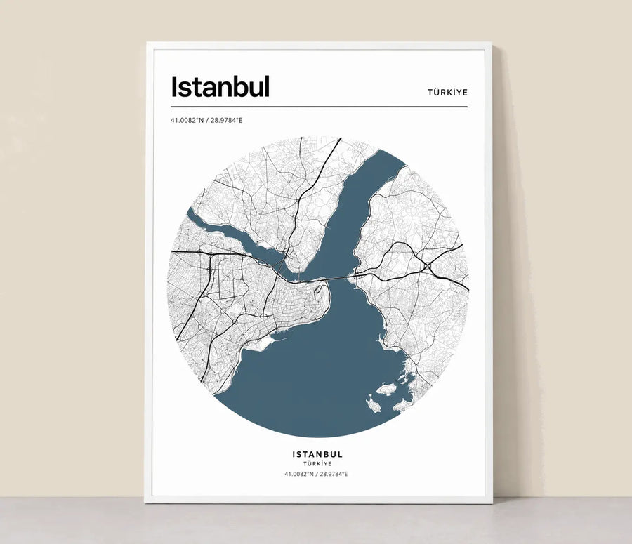 Framed Istanbul city map print with blue water and white street lines