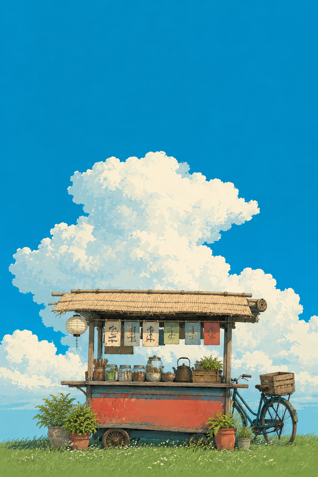 Japanese food truck art print close-up of souvenir cart with white clouds on blue
