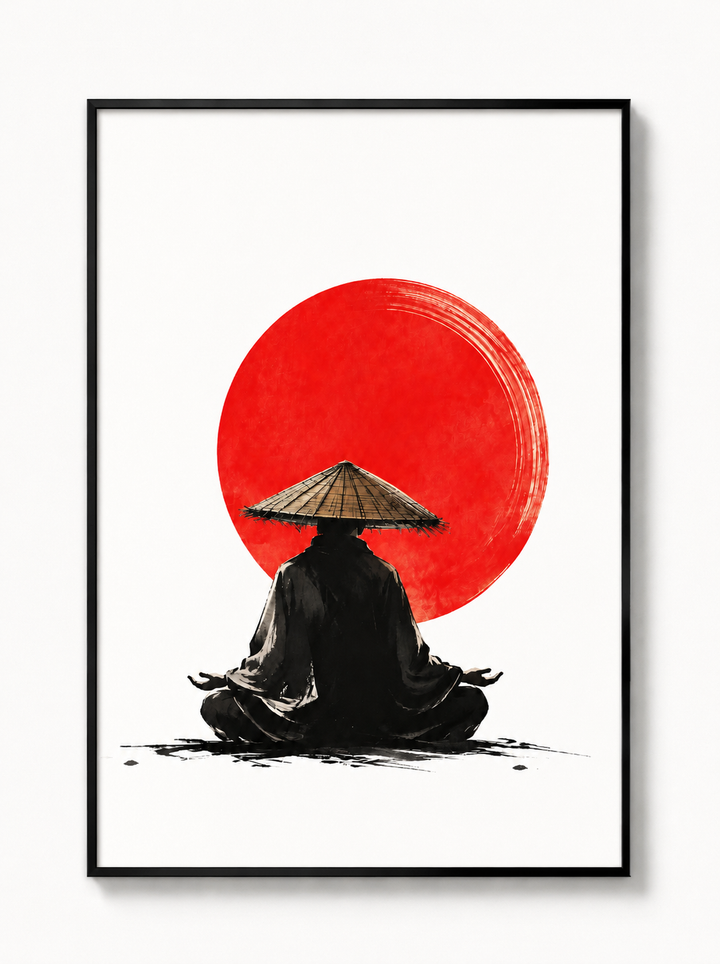 Framed samurai art print with black frame, red sun and seated black warrior