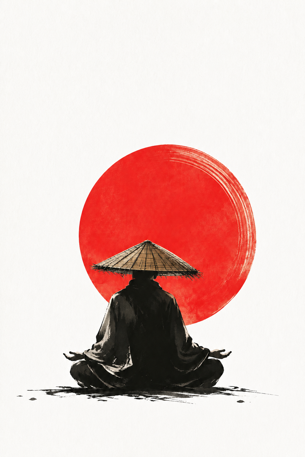 Samurai art print close-up: red circle sun and seated black warrior silhouette
