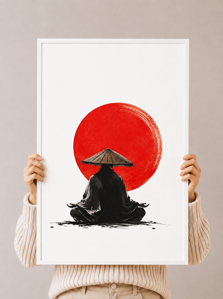 Framed samurai art print in white frame, red sun behind seated black figure