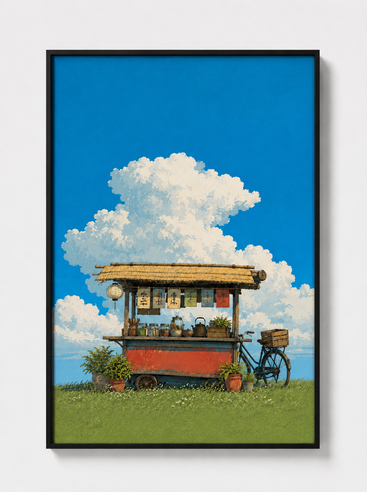 Japanese food truck art print in black frame, blue sky and cloud-filled cart scene
