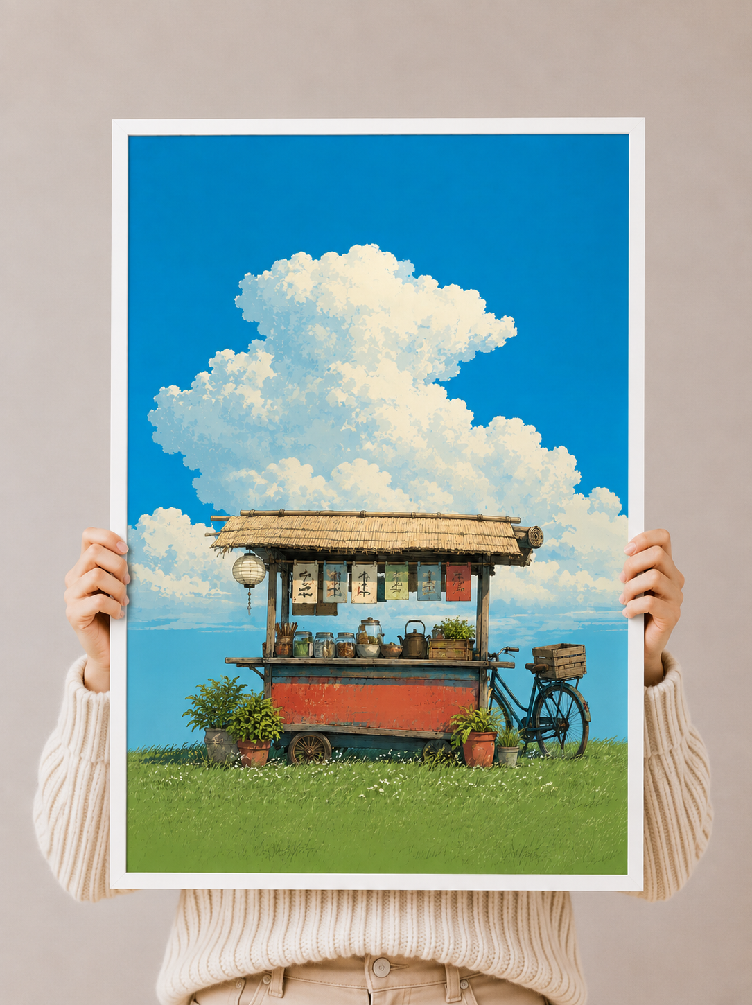 Japanese food truck art print with white border, held up with blue sky cart scene