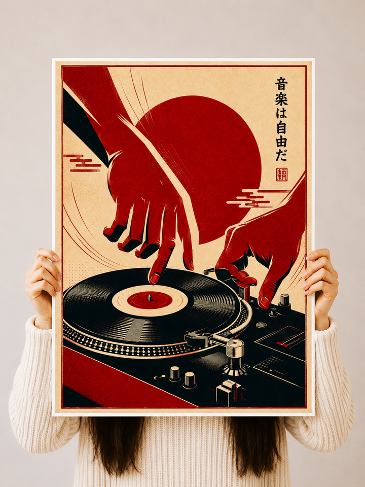Japanese Vinyl Art Print with retro turntable imagery and bold red, black and cream graphic details