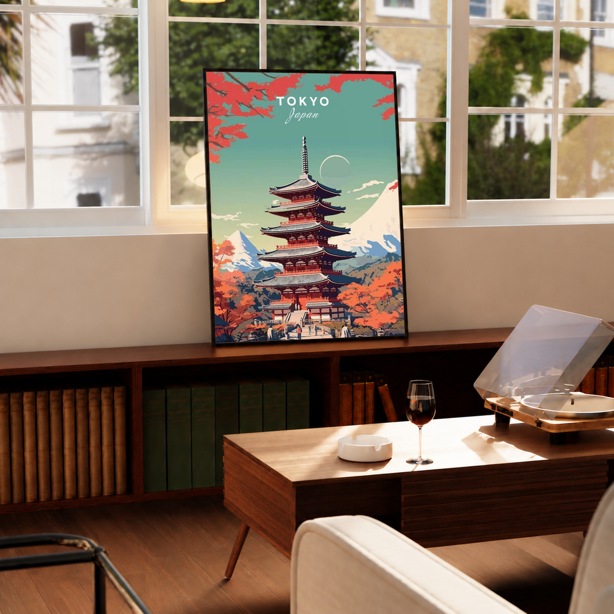 Framed wall art print of Tokyo pagoda with autumn trees and Japan lettering