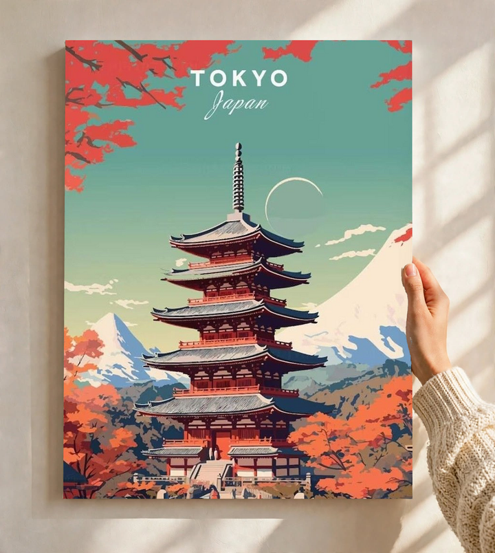 Japanese Pagoda Wall Art shown close up in a light frame, highlighting Tokyo lettering, red branches across the turquoise sky and a tiered pagoda above orange autumn foliage.