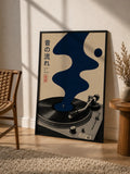 Framed vinyl record wall art poster with blue waveform and turntable