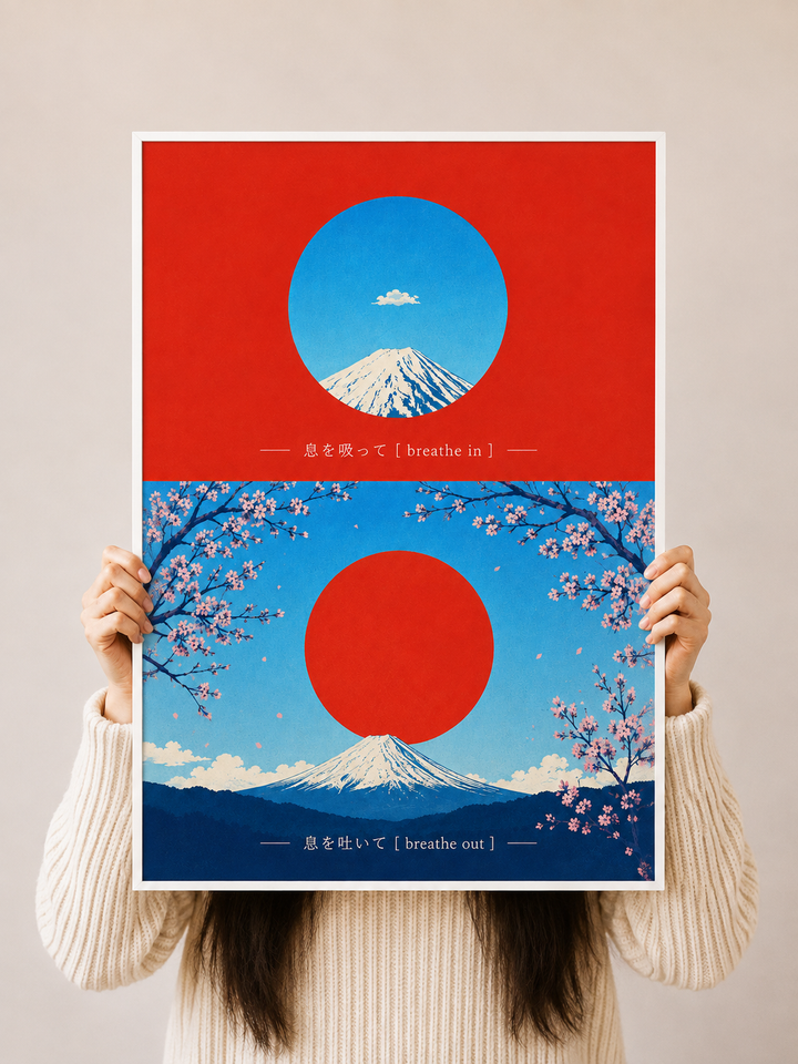 Red Sun Japanese Landscape Art Print with layered blue waves and Japanese inspired mountain scenery