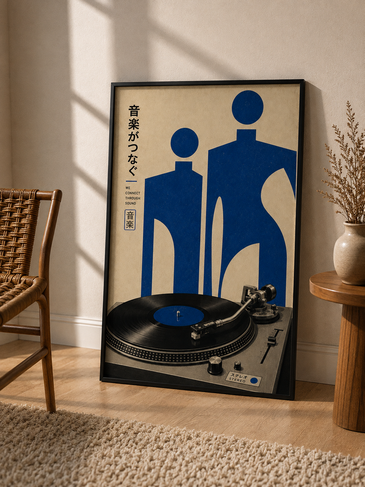 Japanese Vinyl Figurative Art Print displayed in a thin black frame with geometric blue artwork