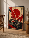 Framed vinyl record cat art print standing on a rug; red circle and turntable design