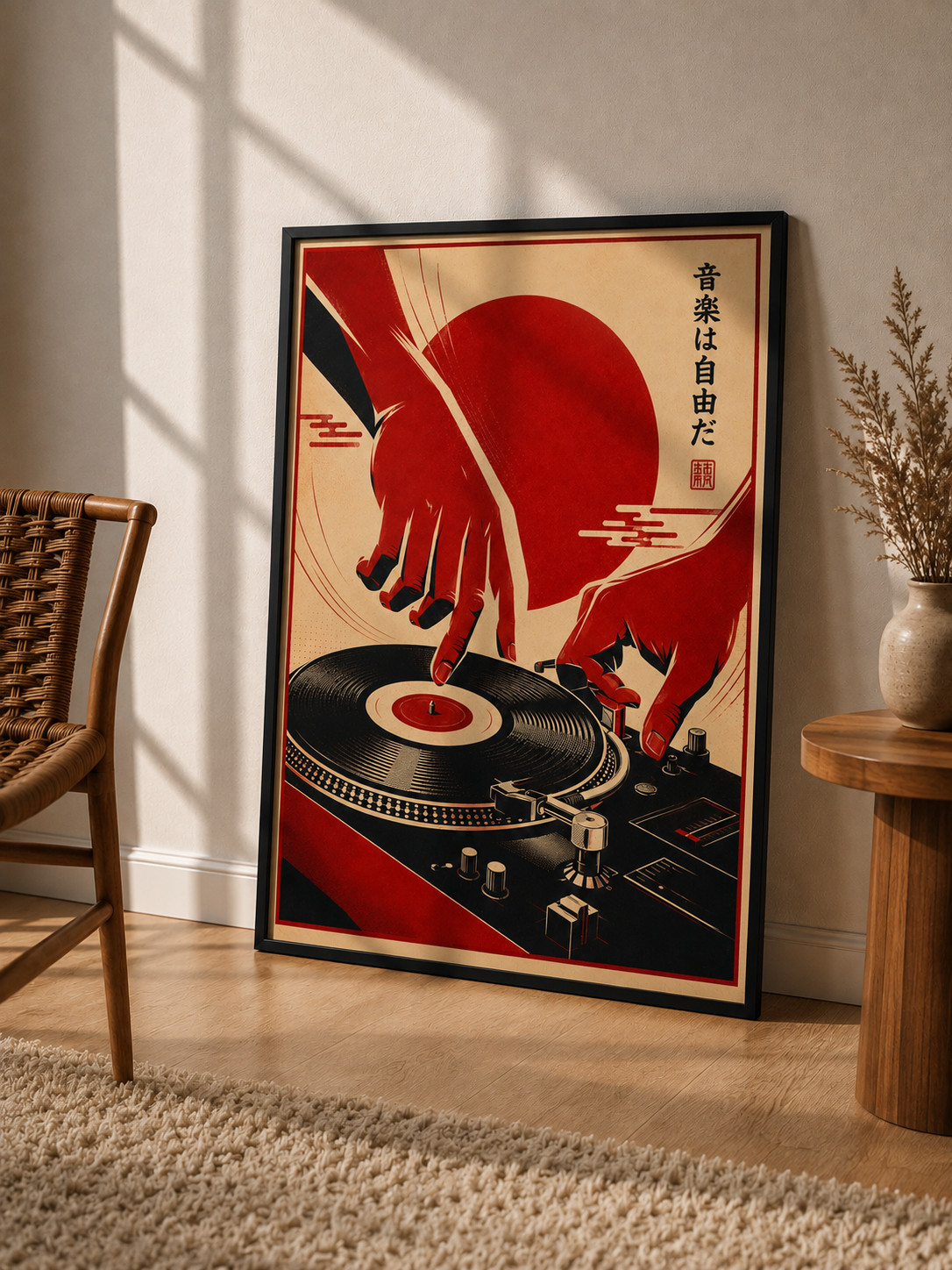 Japanese Vinyl Art Print featuring bold red artwork, a turntable and vertical Japanese typography
