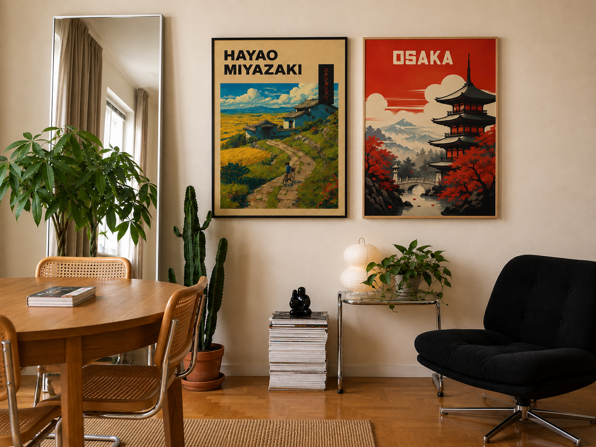 Japanese-inspired wall art styled in a modern living room