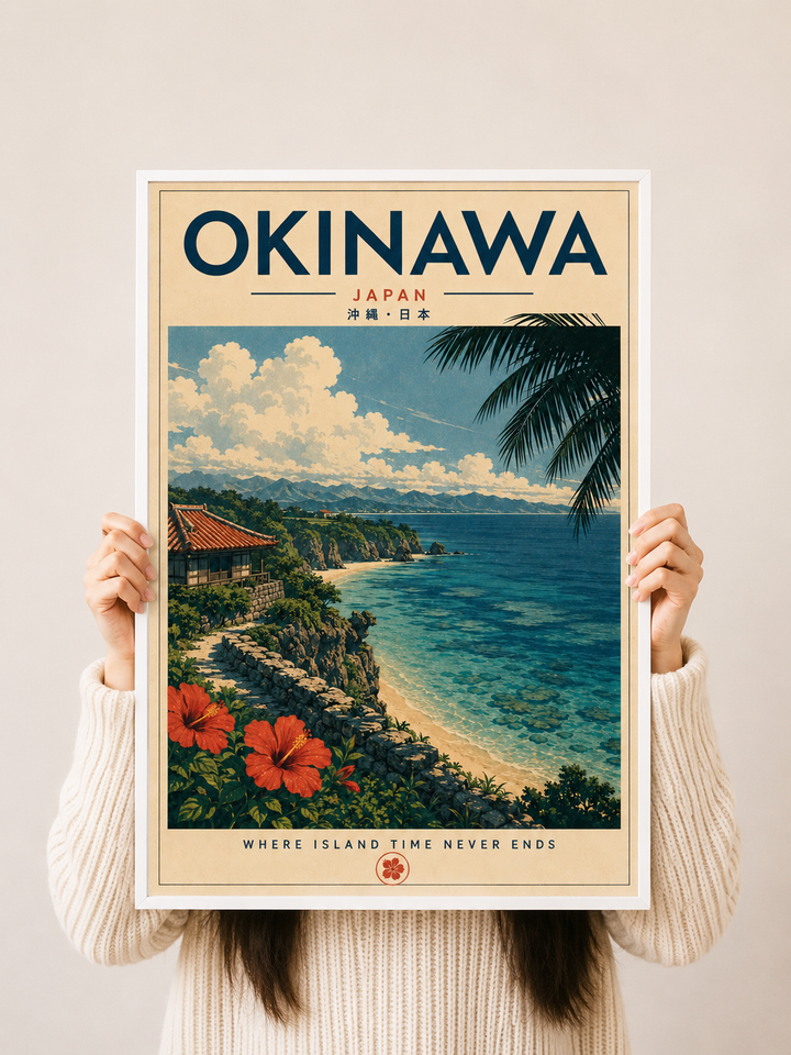 Okinawa Coastal Art Print displayed as  white frame Japanese seaside wall art in a warm modern interior