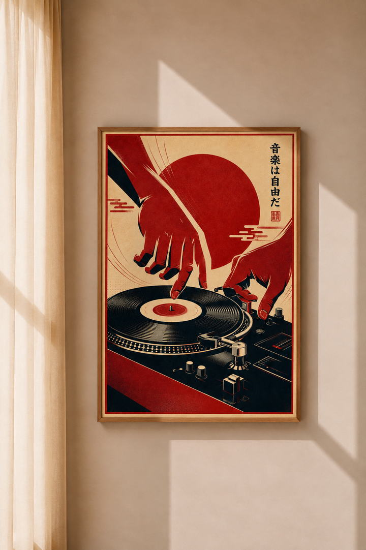 Japanese Vinyl Art Print displayed above a record player in a warm minimalist music corner