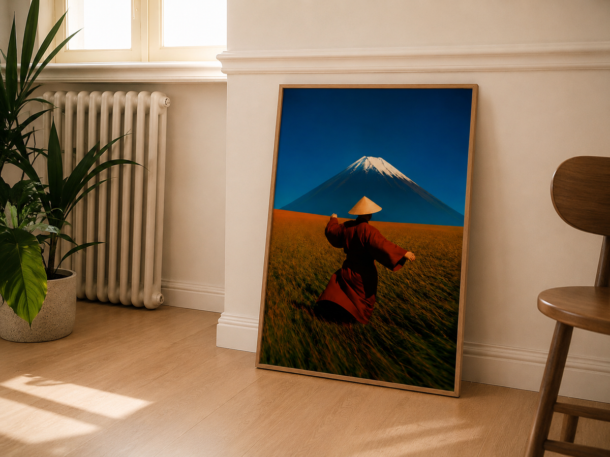 Japanese wall art with a Mount Fuji landscape styled in a living room