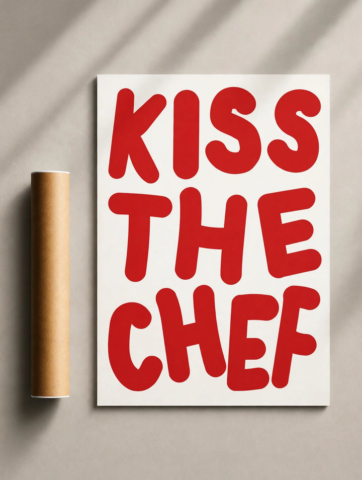 Framed kitchen typography print with red 'KISS THE CHEF' text on white background