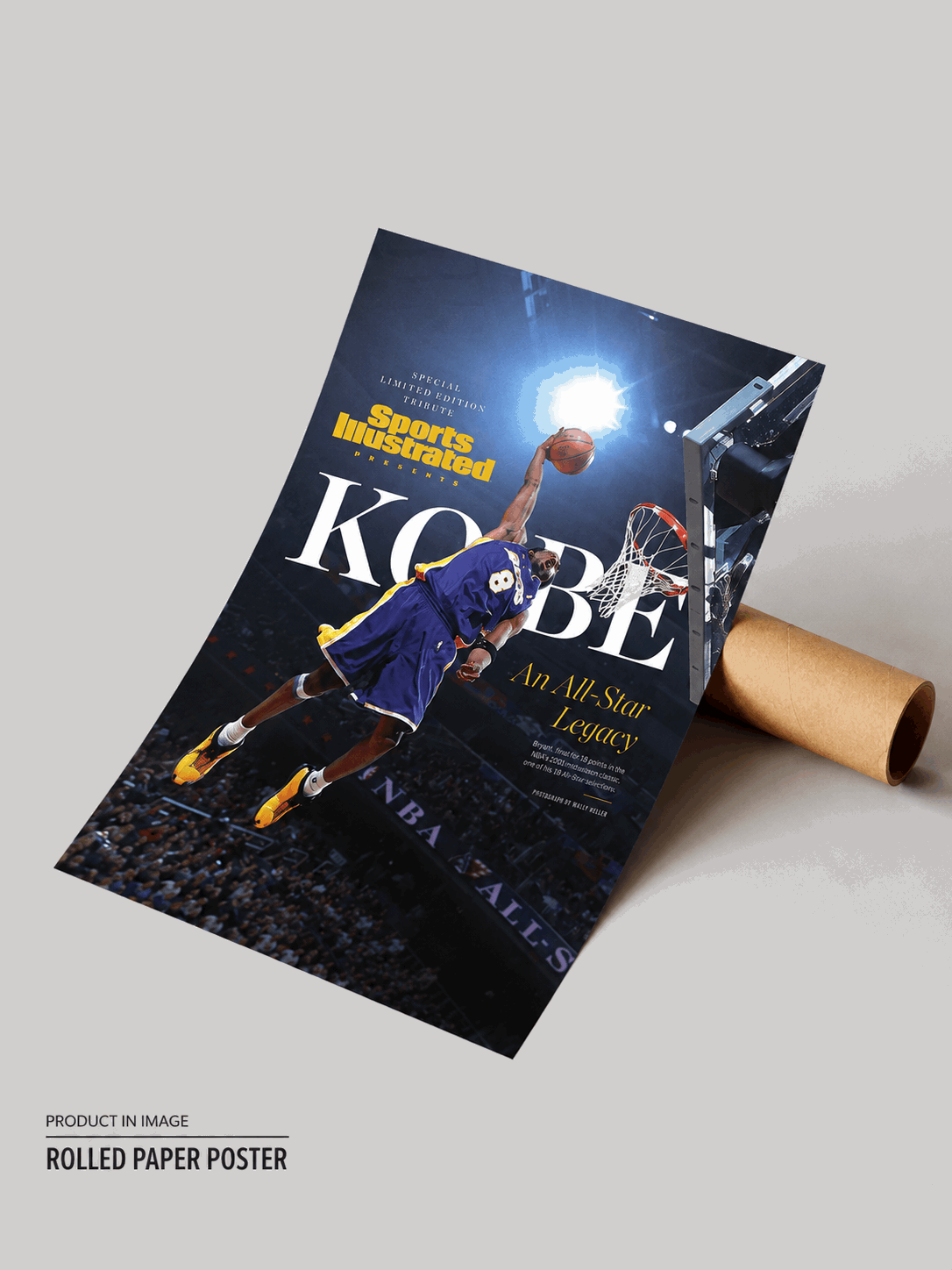 Rolled basketball poster featuring Kobe Bryant in blue uniform and hoop action