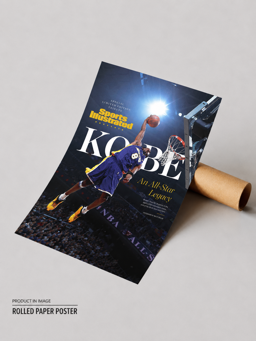 Póster enrollado de baloncesto de Kobe Bryant, jugador con uniforme azul y gráfico de aro