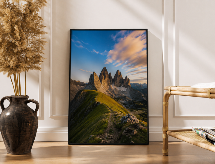 Dolomites Mountain Art Print in a thin black frame featuring dramatic Italian Alps peaks and green ridgelines