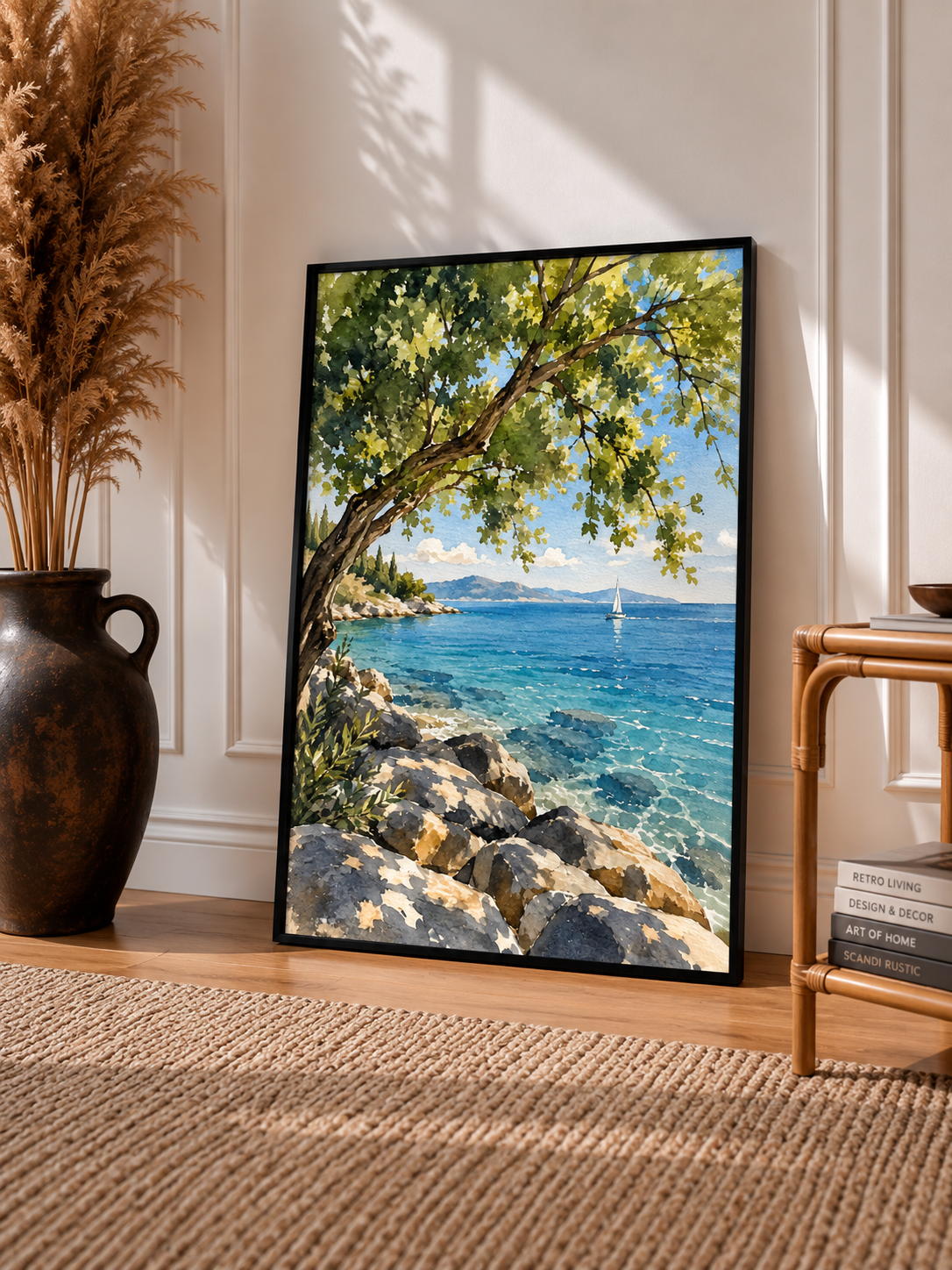Mediterranean Coast Watercolor Art Print displayed in a slim black frame with turquoise sea and sunlit shoreline scenery