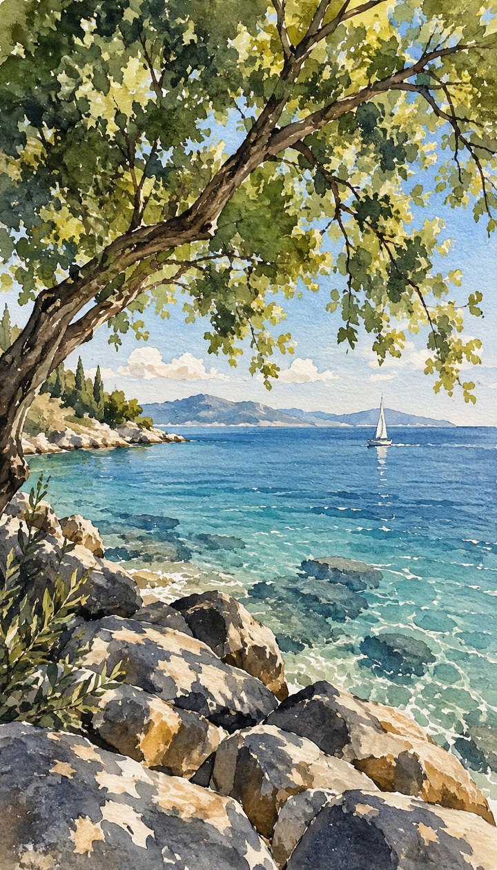 Mediterranean Coast Watercolor Art Print shown unframed with a peaceful Mediterranean bay, sailboats and a tree framed coastal horizon