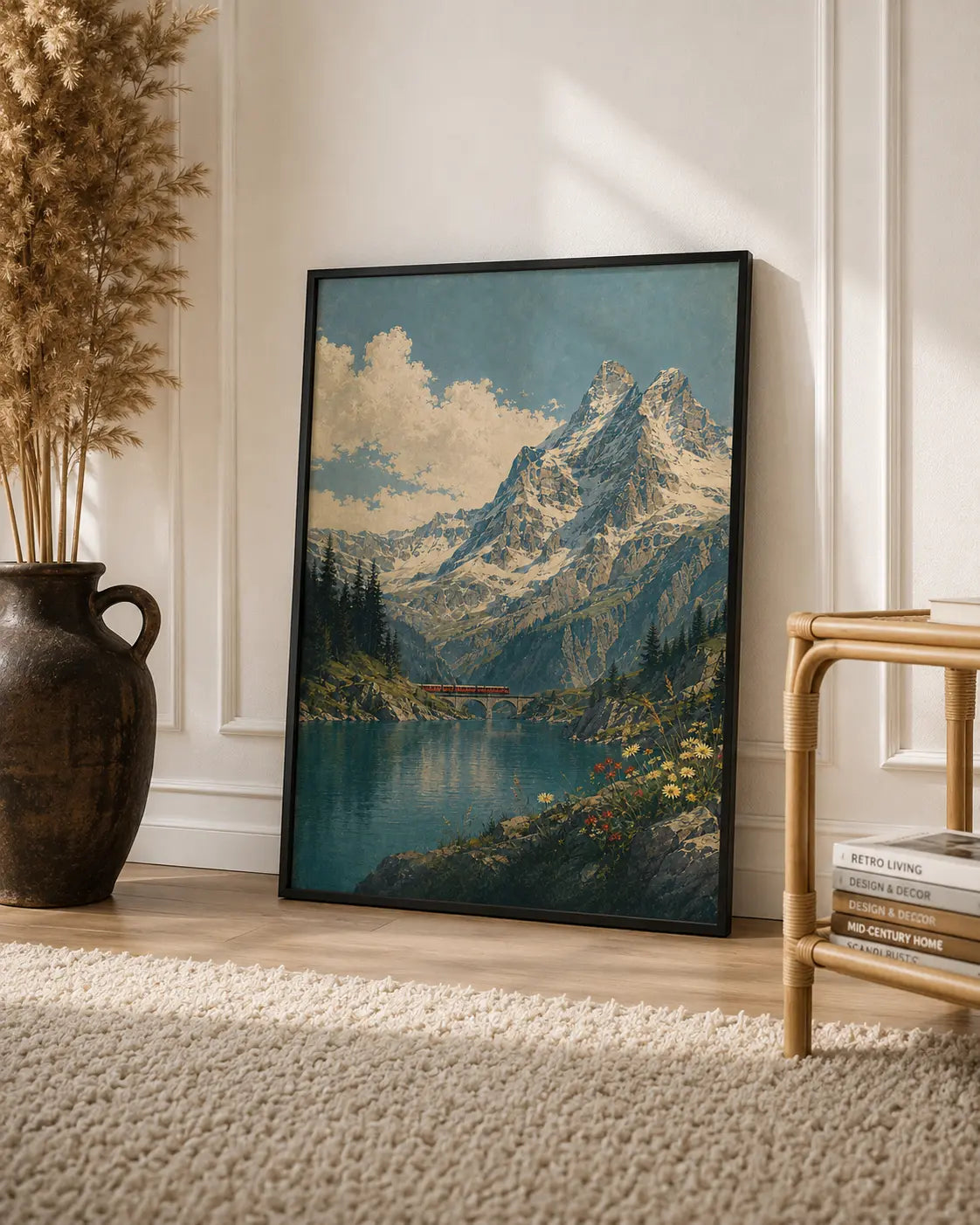 Framed mountain lake art print with snowcapped peaks, bridge, and wildflowers