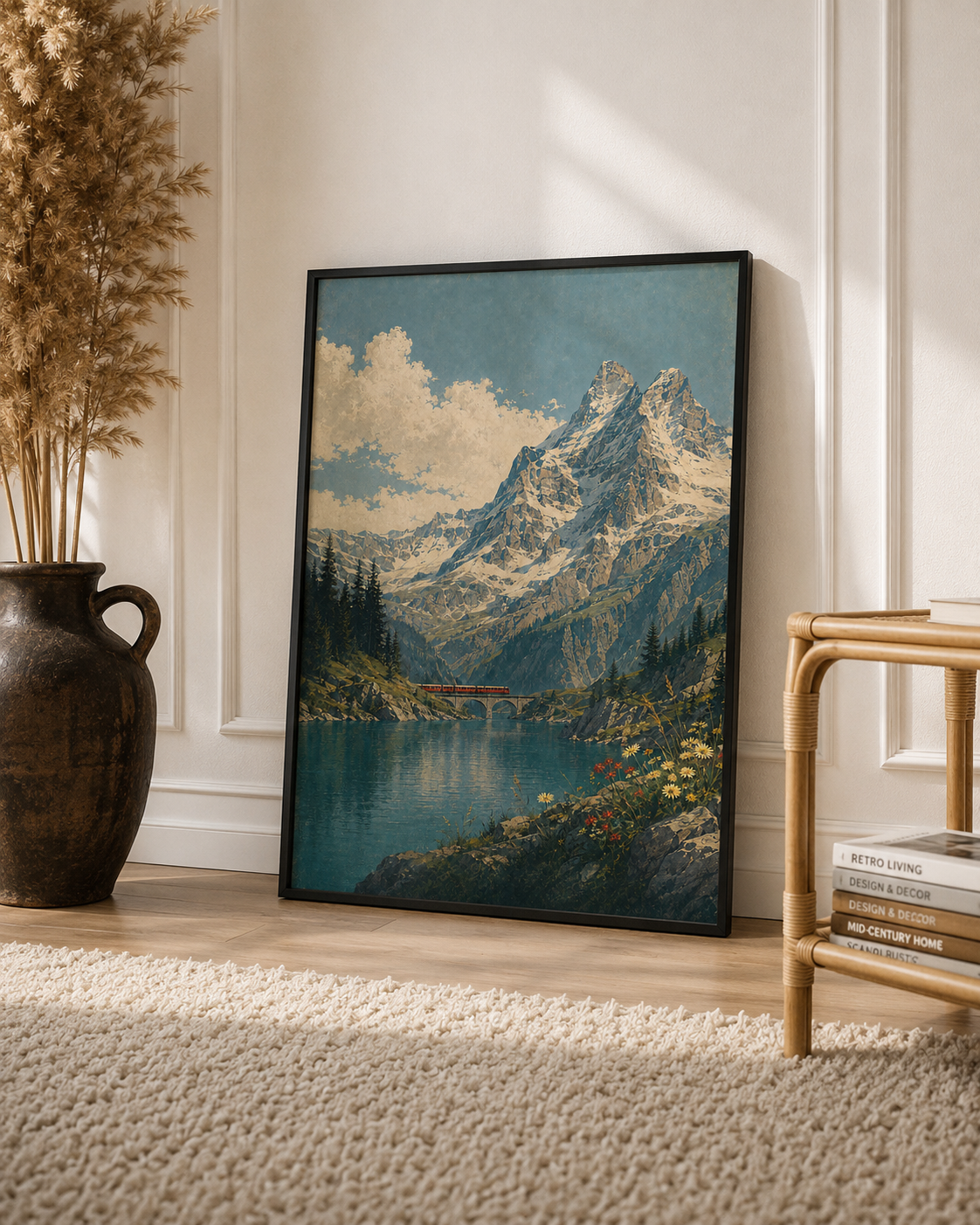 Alpine Lake Mountain Art Print featuring snow covered peaks and tranquil blue mountain water