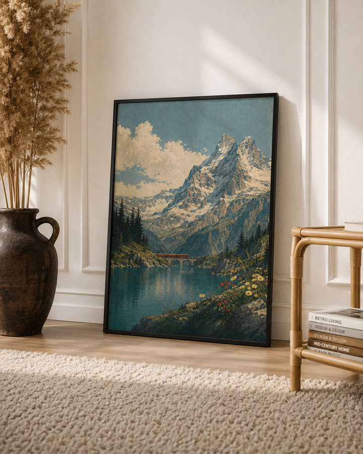 Alpine Lake Mountain Art Print featuring snow covered peaks and tranquil blue mountain water