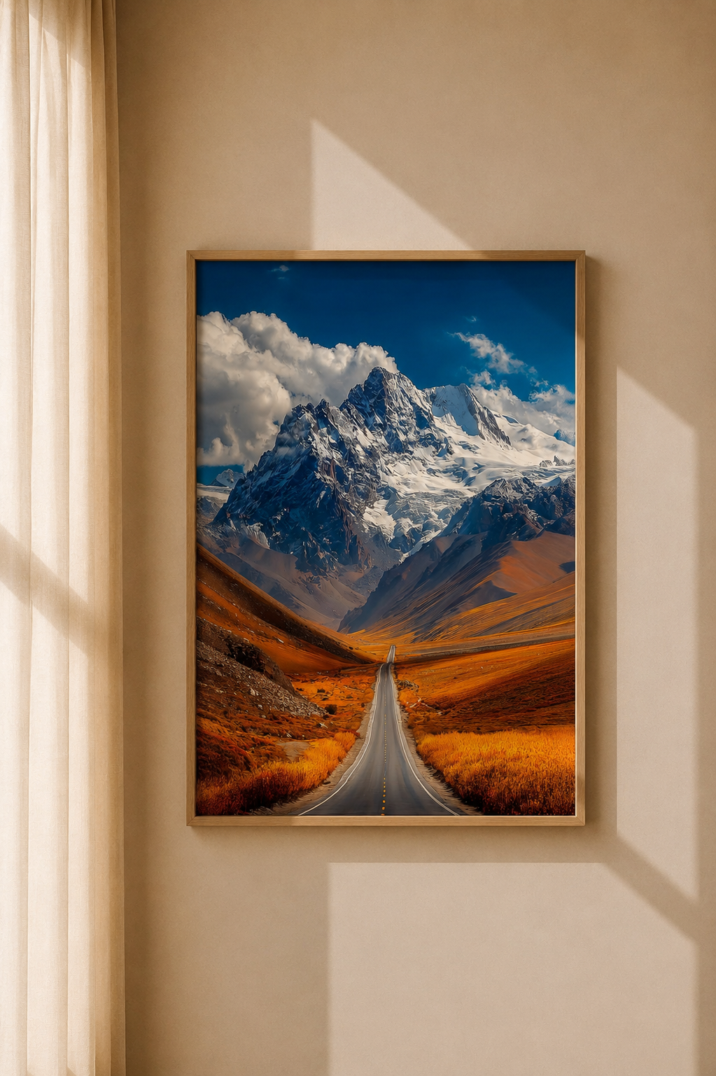 Mountain Road Art Print displayed as scenic nature wall art in a warm modern living space